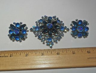 Vintage Judy Lee Blue Rhinestone Pin Brooch & Clip - On Earrings Set Signed