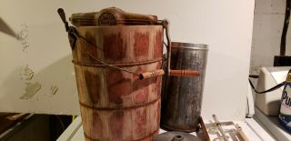 Vintage Arctic White Mountain Ice Cream Maker Usa - Wood Bucket With Hand - Crank
