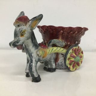 Kitschy Vtg Handmade Italian Pottery Donkey & Wheelbarrow Planter Vase 404