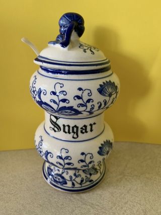 Vintage Blue Onion Sugar Bowl With Lid And Spoon Arnart Japan