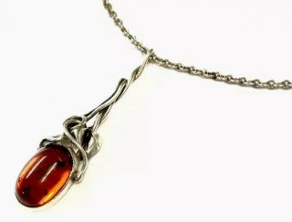 Vintage Sterling Silver Art Nouveau Style Amber Pendant Chain Necklace Gift Box