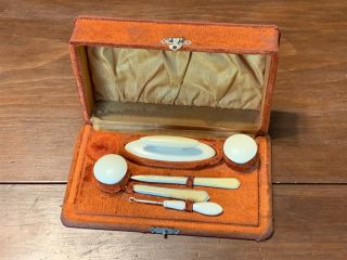 Antique Celluloid Manicure Set In Orange Velvet Box