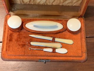 Antique Celluloid Manicure Set in Orange Velvet Box 3