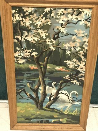 Vintage Well Done Probably Paint By Number Framed Oil Painting Swans On Lake