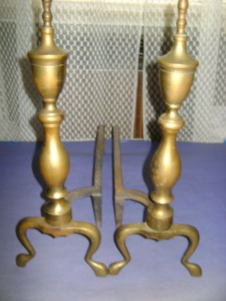 Vintage Mid Century Fireplace Andirons Brass Cast Iron Metals 17 " Tall 16 " Long