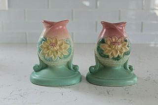 Vtg Hull (2) Art Pottery Pink & Green Waterlily Candle Stick Holders L - 22