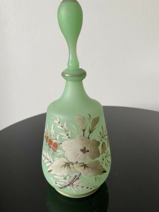Green Vintage Art Glass Perfume Bottle With Stopper Hand Painted Wow
