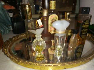 Vintage Perfume Bottles With Ornate Gold Framed Mirrored Tray