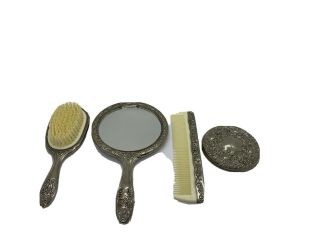 Vanity Set Brush,  Comb,  Hand Held Mirror,  Powder Mirror Vintage Silver Plated