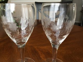 Two (2) Vintage Crystal Wine Glasses Etched Floral 7 "
