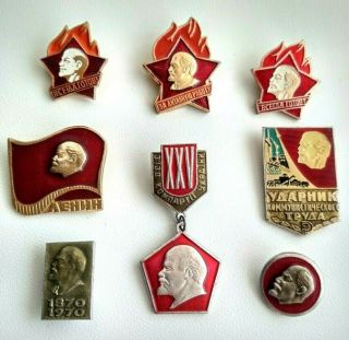Lenin Vintage Set Of 9 Soviet Russian Ussr Pins Badges
