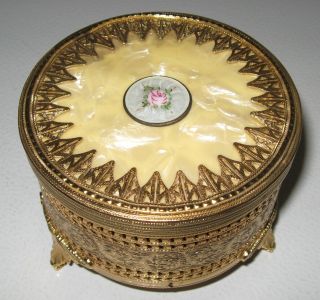 Vintage Music Box With Powder Puff Compartment,  Gold Pierced Metal,