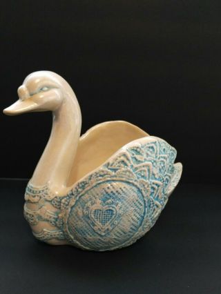 Vtg Large Aqua Blue/white Ceramic Lusterware Iridescent Swan Planter/vase 1992