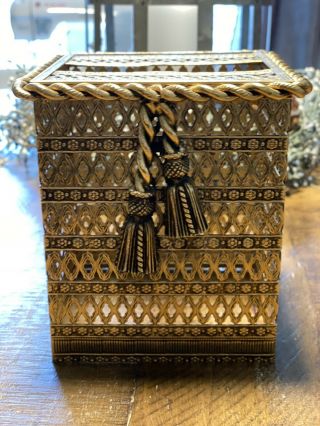 Hollywood Regency Gold Metal Filigree Square Tissue Box Cover Holder W/ Tassels