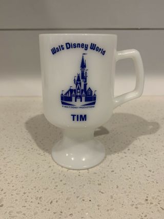 Vintage Milk Glass Walt Disney World Name Tim Pedestal Coffee Cup Mug Souvenir