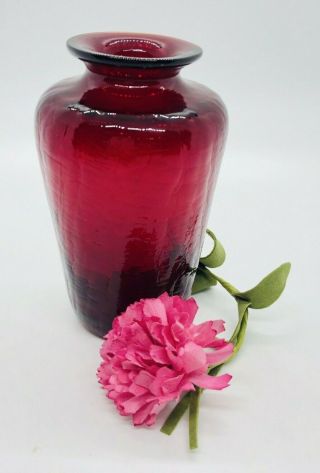 Miniature Small 4.  25 " Tall Hand Blown Ruby Red Art Glass Bud Vase Vtg