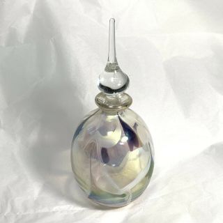 Handcrafted Blown Art Glass Perfume Bottle Iridescent Swirl Clear Stopper