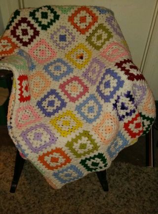 Vintage Crochet Knit King Size Afghan Blanket Granny Squares Handmade Midcentury