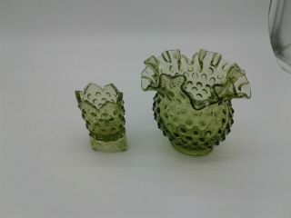 Vtg Fenton Glass " Hobnail / Colonial Green " Small Vase 4 " - & Toothpick Holder