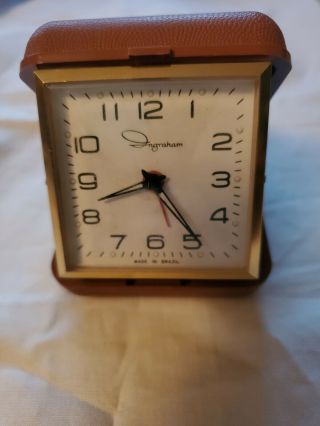Vintage Ingraham Brazil Wind Up Travel Alarm Clock Brown Case