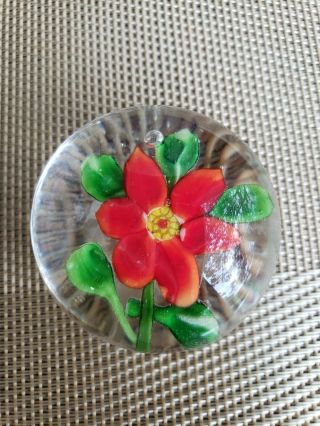 Vintage Art Glass Paperweight Clear Red Flower Hand Blown Glass Art