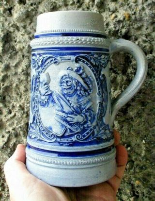 Vintage Blue Cobalt & Gray Salt Glazed Ceramic 1/2 L German Beer Stein/mug 323