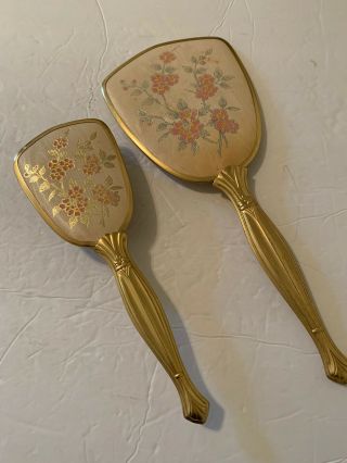 Vintage Mirror And Brush Set Gold Tone Pink Floral Design