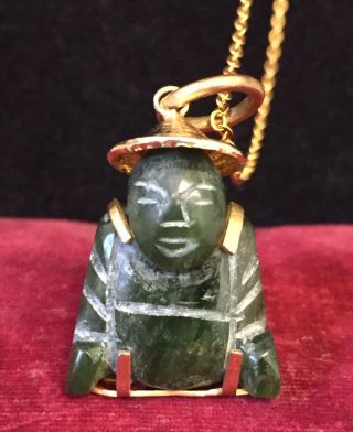 Vintage Jewellery Lovely Carved Real Chinese Jade Buddha Pendant & Chain