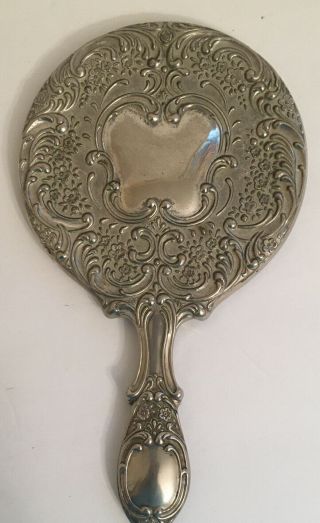 Vintage Silver Tone Decorative Embossed Floral Vanity Heavy Hand Held Mirror