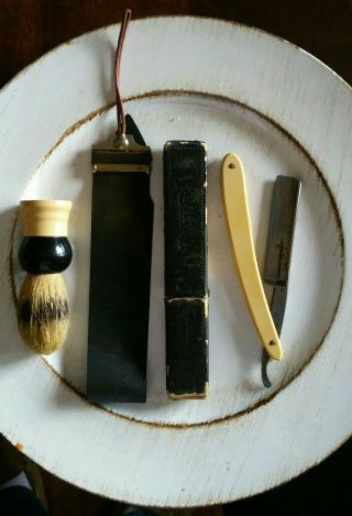 Vintage Clauss Straight Razor Shaving Blade Brush & Sharpening Belt
