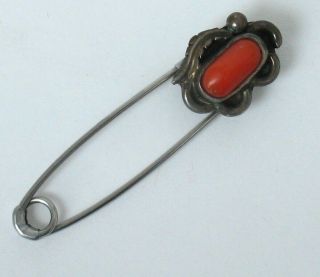 1 5/8” Small Vintage Navajo Sterling Silver & Coral Safety Pin