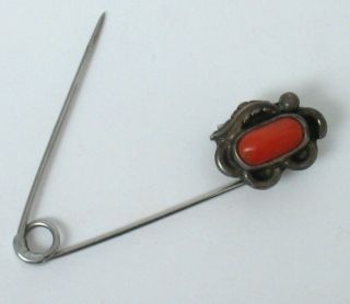 1 5/8” Small Vintage Navajo Sterling Silver & Coral Safety Pin 2