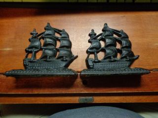 Vintage 5 1/4 " Cast Iron Ornate Bookends Constitution Nautical Navel Ship