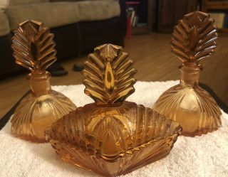 Vintage Art Deco Glass Amber Perfume Bottle & Amber Powder Jar / Trinket Box
