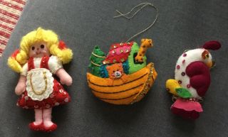 3 Vintage Handmade Felt & Sequin Christmas Ornaments Noah’s Ark,  Partridge,  Girl