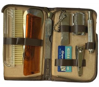 Vintage Leather Travel Grooming Kit Men’s Gillette Safety Razor 9 Pc Set