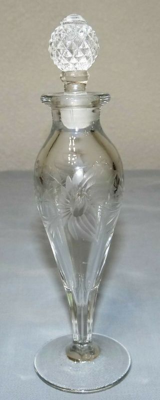 Vtg Flower Floral Etched Art Glass Crystal Perfume Bottle Clear