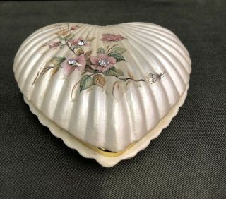 Vintage Italy - Berger Porcelain Heart Trinket Box,  Floral & Clear Rhinestones