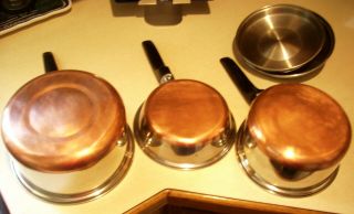 Vintage Ekco Flint Cookware 2 3 Quart Pan & 7” Sauté Lids Stainless Steel Copper