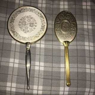 2 Vintage Hand Held Metal Tone Mirrors With Floral Design