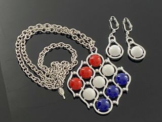 Vintage Sarah Coventry Red White Blue Necklace With Matching Clip Earrings 403