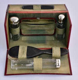 Vintage Cased 6 Piece Mens Travellling Vanity Set - Brush,  Jars,  Comb & Mirror