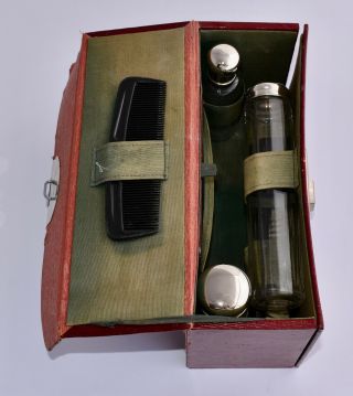 Vintage Cased 6 Piece Mens Travellling Vanity Set - Brush,  Jars,  Comb & Mirror 2