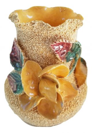 Vintage Sand Majolica Ceramic Vase W/ Applied Flowers