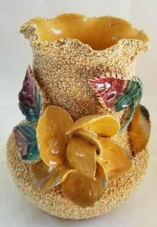 Vintage Sand Majolica Ceramic Vase w/ Applied Flowers 2