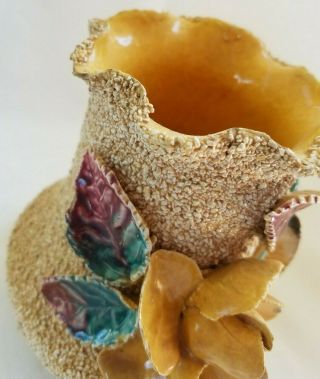 Vintage Sand Majolica Ceramic Vase w/ Applied Flowers 3
