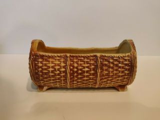 Vintage Mccoy Pottery Long Basket Weave Brown And Yellow Planter 7.  5 "