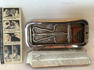 Vintage Chrome Rolls Razor Metal Case Box Blades Strop Instructions Mens Shaving
