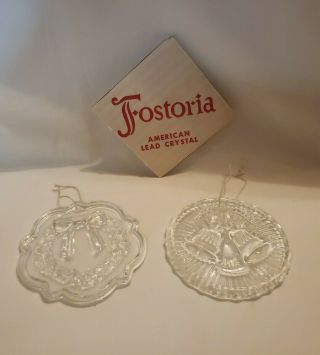 Vintage Fostoria American Lead Crystal Christmas Ornament Set Of 2 Bells Wreath