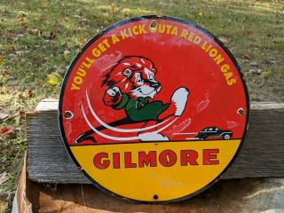 Old Vintage 1939 Gilmore Red Lion Gasoline Porcelain Service Gas Pump Sign